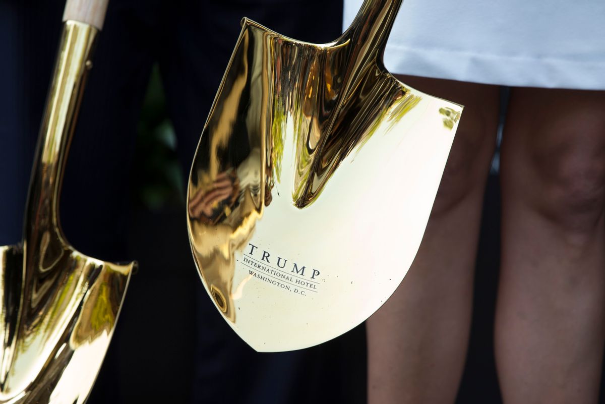 A shovel with the Tump logo is sheen during a ground breaking ceremony for the Trump International Hotel on the site of the Old Post Office in Washington, Wednesday, July 23, 2014.  (AP)