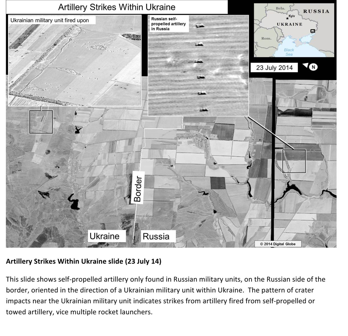 This second page of a four page document released by the U.S. State Department in Washington, July 27, 2014  shows a satellite image that purports to shows self propelled artillery only found in Russian military units, on the Russian side of the border, oriented in the direction of a Ukrainian military unit within Ukraine. The United States says the images back up its claims that rockets have been fired from Russia into eastern Ukraine and heavy artillery for separatists has also crossed the border. (AP Photo/U.S. State Department) (AP)