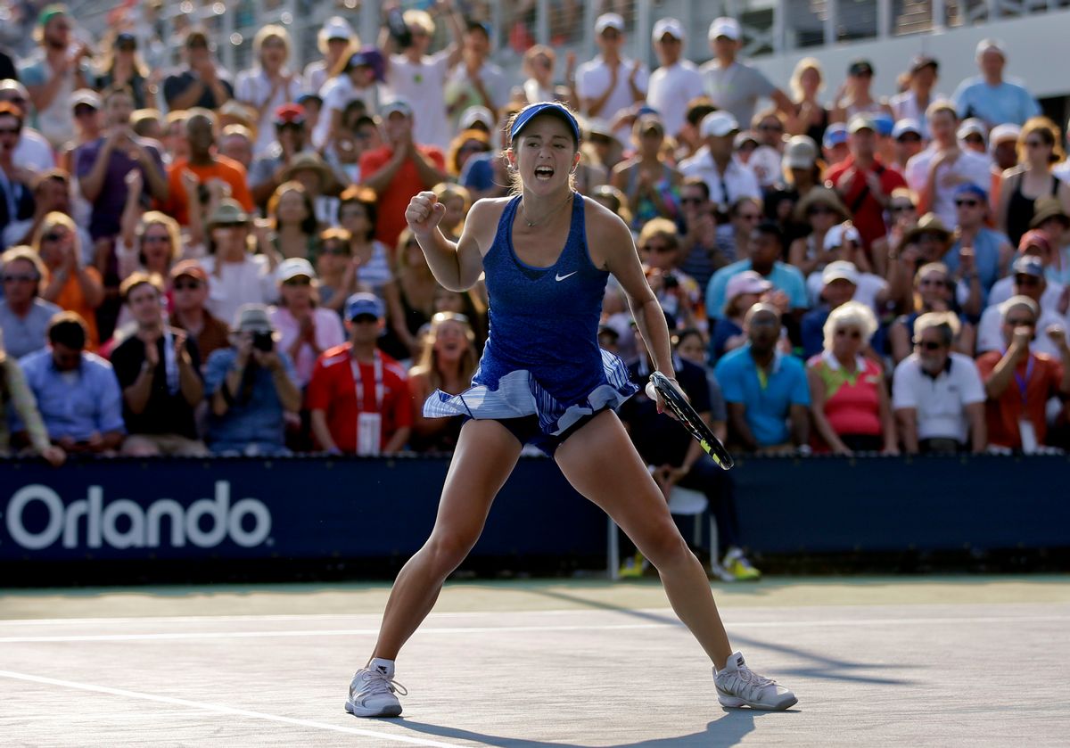 Catherine Bellis, of the United States, reacts after a point against Dominika Cibulkova, of Slovakia, during the first round of the 2014 U.S. Open tennis tournament, Tuesday, Aug. 26, 2014, in New York. (AP Photo/Darron Cummings) (Darron Cummings)