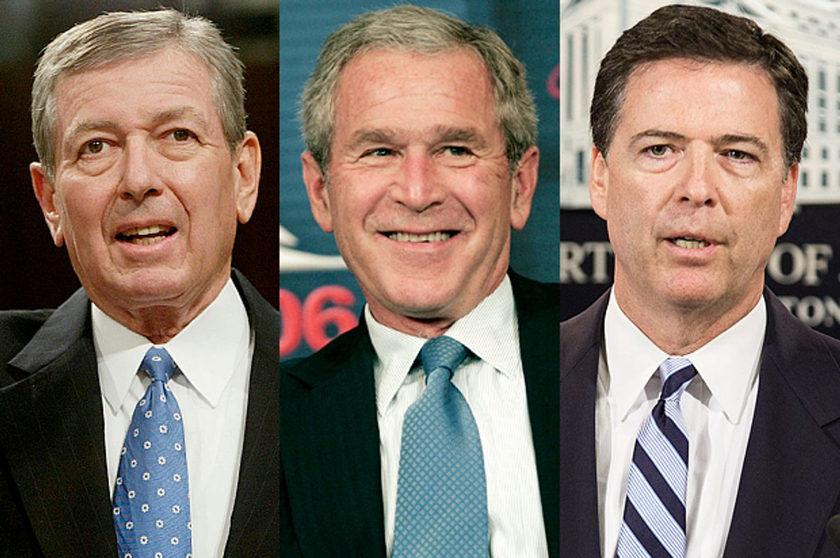John Ashcroft, George W. Bush, James B. Comey      (Reuters/Larry Downing/AP/Pablo Martinez Monsivais/Reuters/Joshua Roberts)