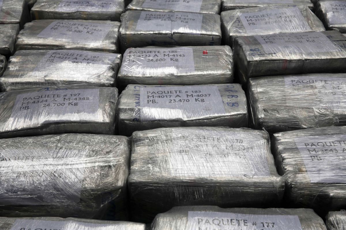 Blocks of seized cocaine are presented to the press at a police base in Lima, Peru, Monday, Sept. 1, 2014. (AP Photo/Martin Mejia) (AP)