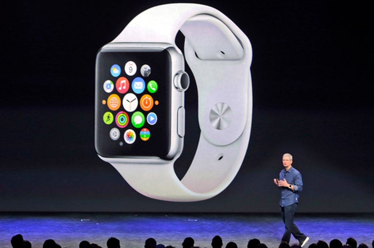 Tim Cook introduces the new Apple Watch, Sept. 9, 2014, in Cupertino, Calif.        (AP/Marcio Jose Sanchez)
