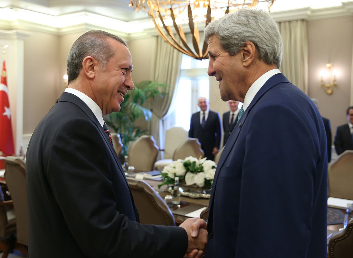 Turkish President Recep Tayyip Erdogan, left, and U.S. Secretary of State John Kerry speak before a meeting in Ankara, Turkey (AP)
