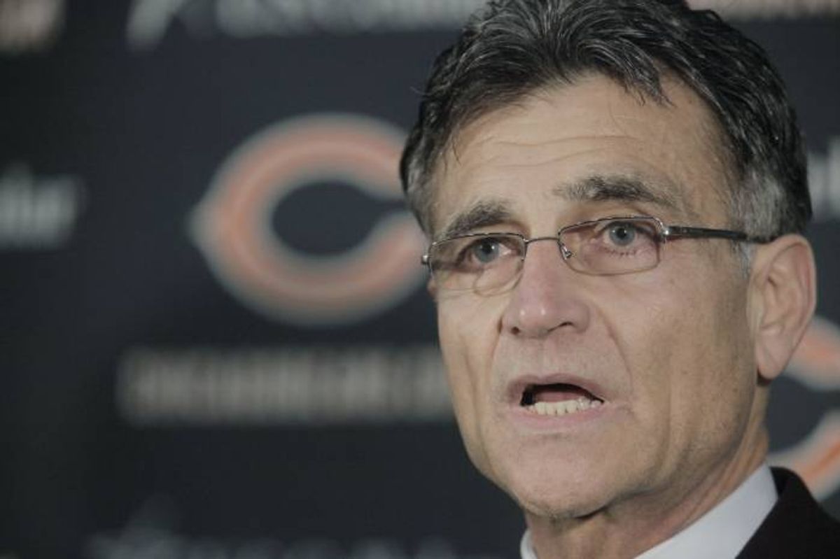 Chicago Bears general manager Jerry Angelo talks to reporters during a news conference at Halas Hall, Tuesday, Jan. 5, 2010 in Lake Forest, Ill. after the Bears deciced to bring back head coach Lovie Smith for a seventh season despite a 7-9 record this year and three straight seasons of missing the NFL playoffs.   (AP/M. Spencer Green)