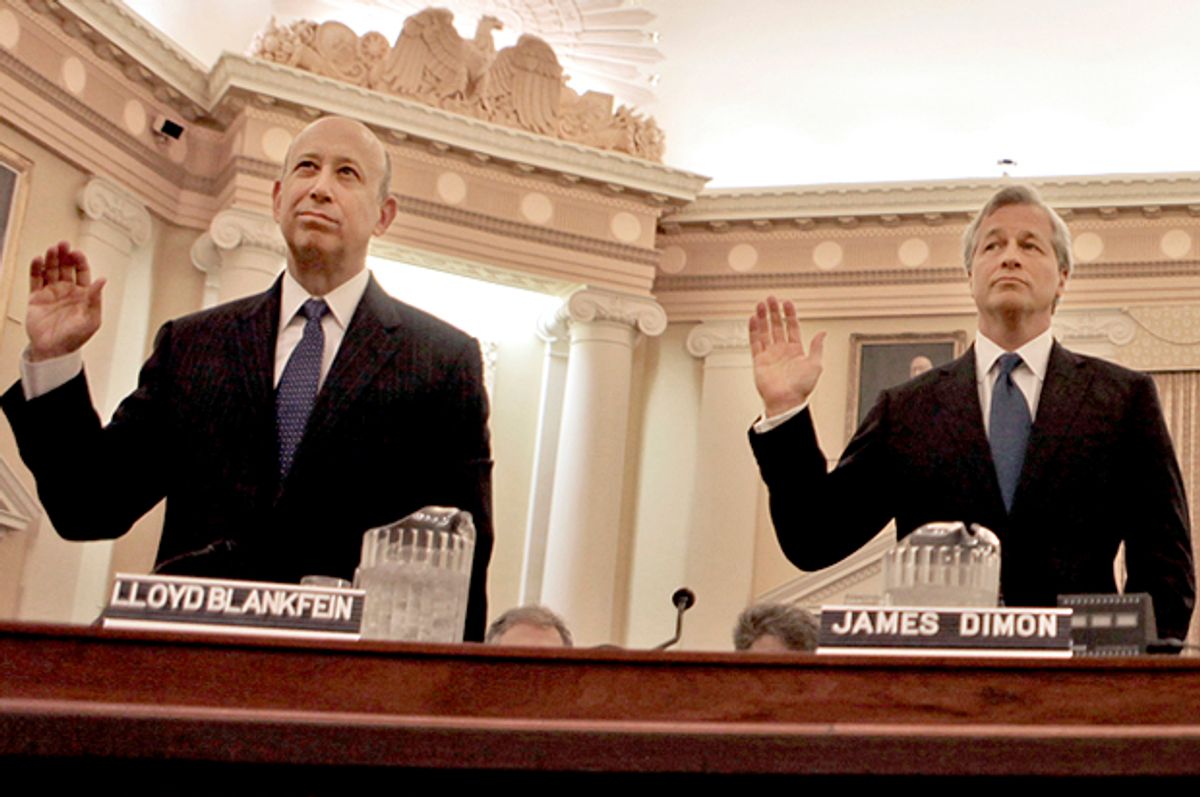 Lloyd Blankfein and Jamie Dimon are sworn in on Capitol Hill, Jan. 13, 2010, prior to testifying  before the Financial Crisis Inquiry Commission           (AP/Pablo Martinez Monsivais)