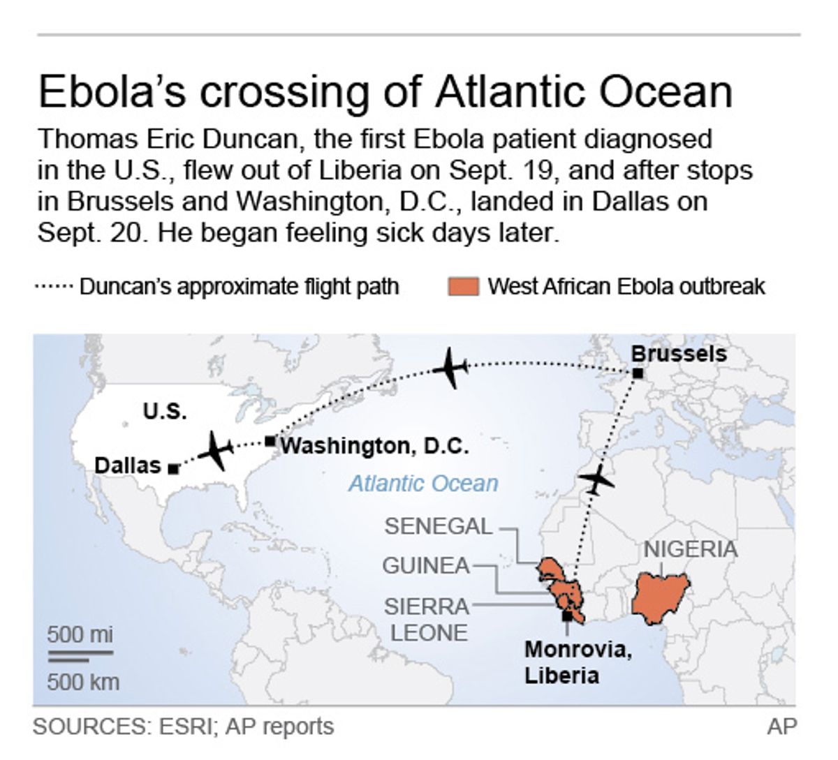Map shows Ebola victim flight across Atlantic; 2c x 3 inches; 96.3 mm x 76 mm; (AP)