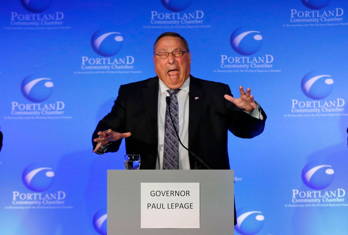 FILE - This Oct. 8, 2014, file photo shows Republican Governor of Maine, Paul LePage, center, making a face after taking the stage to debate other gubernatorial candidates in Portland, Maine. To some in Maine LePage is hot-headed and divisive. Others consider his unconventional approach to governing a breath of fresh air. In a tight three-way race for governor marked by fights over welfare, health care and jobs, the core question often focuses on LePage's abrasive leadership style.  (AP Photo/Robert F. Bukaty, File)  (AP)