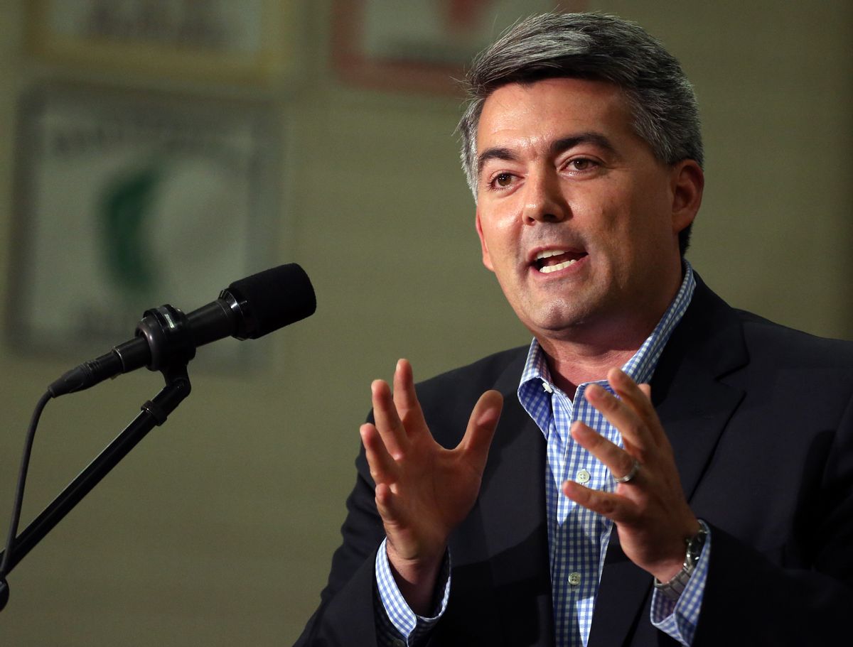 In this Sept. 29, 2014 photo, Rep. Cory Gardner, R-Colo., who is running for the U.S. Senate seat held by Democratic Senator Mark Udall, speaks at a political rally at Heritage High School, in Littleton, Colo.  Democrats defending their Senate majority this year are increasingly relying on an issue once seen as a wash with voters: reproductive rights. Udall has made it a centerpiece of his campaign to stave off a strong challenge from Gardner. (AP Photo/Brennan Linsley) (AP)