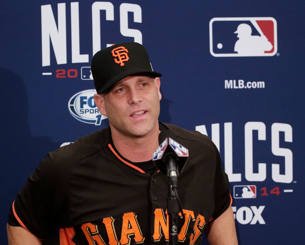 San Francisco Giants starting pitcher Tim Hudson answers questions from reporters on Monday, Oct. 13, 2014, in San Francisco.  The St. Louis Cardinals and San Francisco Giants are scheduled to play Game 3 of the National League Championship Series on Tuesday in San Francisco. (AP Photo/Marcio Jose Sanchez) (AP)