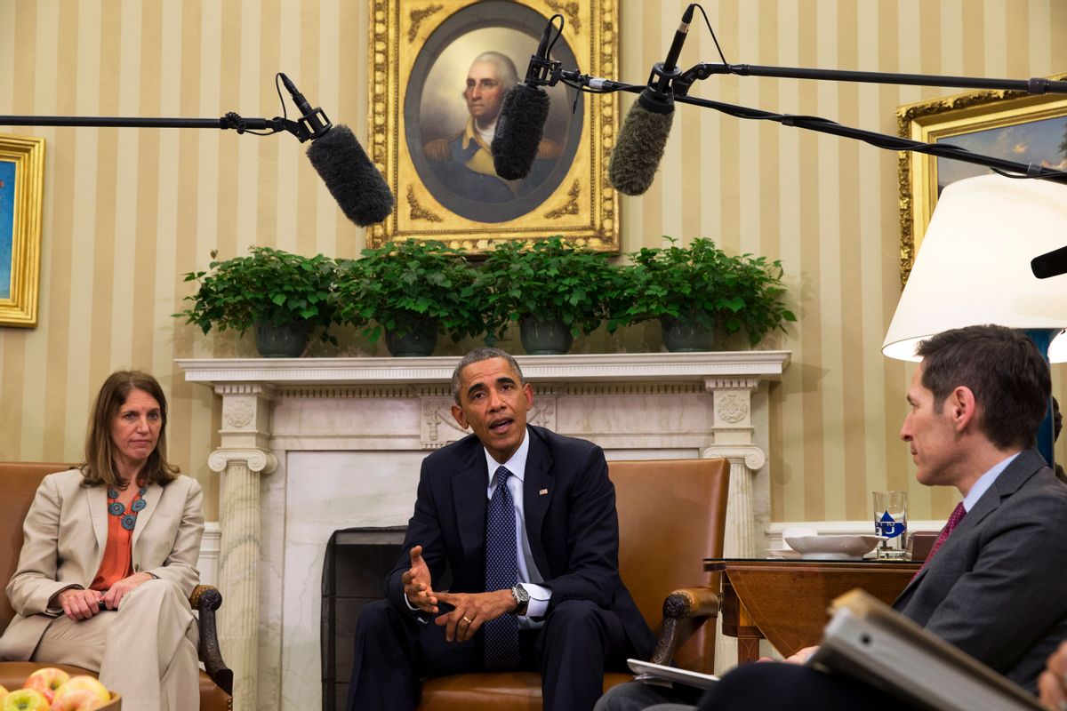 President Barack Obama speaks to the media about the governments Ebola response, in the Oval Office of the White House Thursday, Oct. 16, 2014, in Washington. At left is Sylvia Burwell, Secretary of Health and Human Services, and at right is Dr. Thomas Frieden, Director of the Centers for Disease Control and Prevention. (AP Photo/Jacquelyn Martin) (AP)