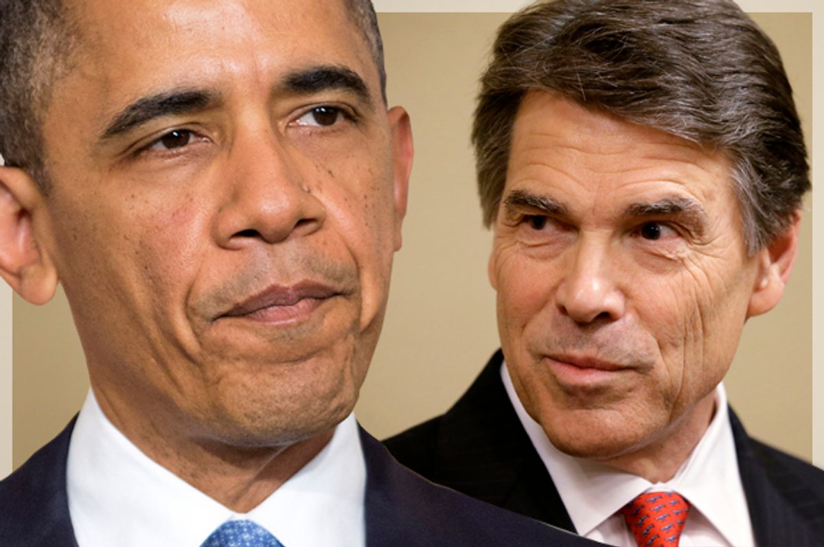 Barack Obama, Rick Perry         (Reuters/Joshua Roberts/AP/Tony Gutierrez/photo montage by Salon)