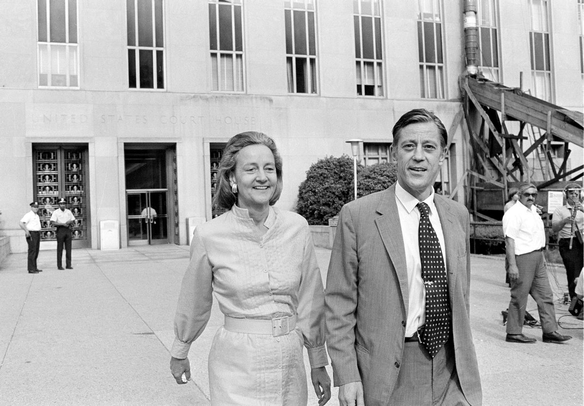 In this June 21, 1971 file photo, Washington Post Executive Director Ben Bradlee and Post Publisher Katharine Graham leave U.S. District Court in Washington. Bradlee died Tuesday, Oct. 21, 2014, according to the Washington Post.  ((AP Photo, File))