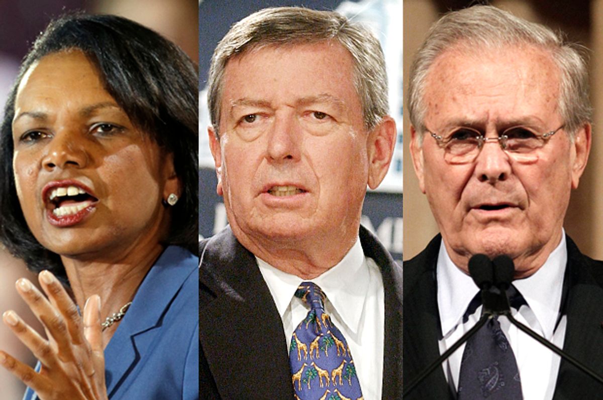 Condoleezza Rice, John Ashcroft, Donald Rumsfeld     (AP/Mark Duncan/Stephen J. Boitano/Wally Santana)