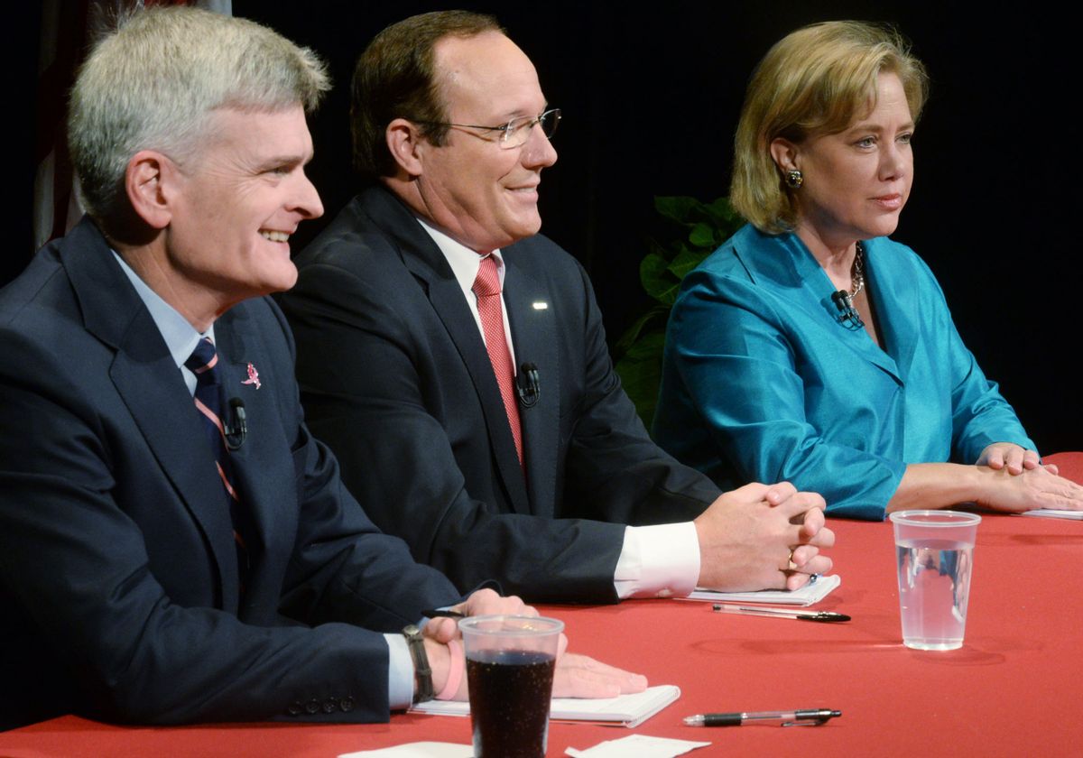 From left, Rep. Bill Cassidy, retired Air Force Col. Rob Maness, and Sen. Mary Landrieu wait moments before the debate, Tuesday, Oct. 14, 2014 at Centenary College in Shreveport, La.  (AP)