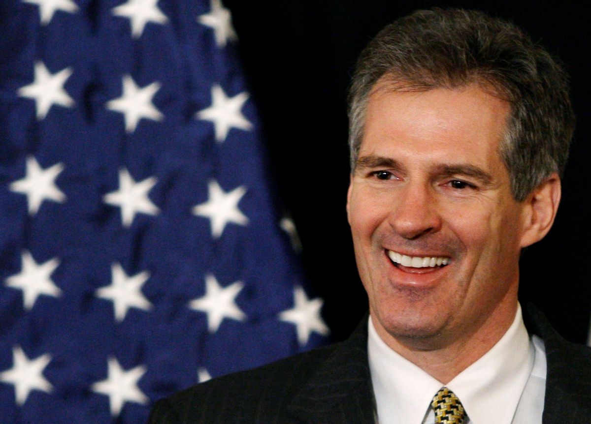 This Jan. 20, 2010, file photo shows U.S. Sen.-elect Scott Brown, R-Mass., smiling as he addresses reporters during a news conference at the Park Plaza hotel in Boston. ((AP Photo/Charles Krupa, File)
