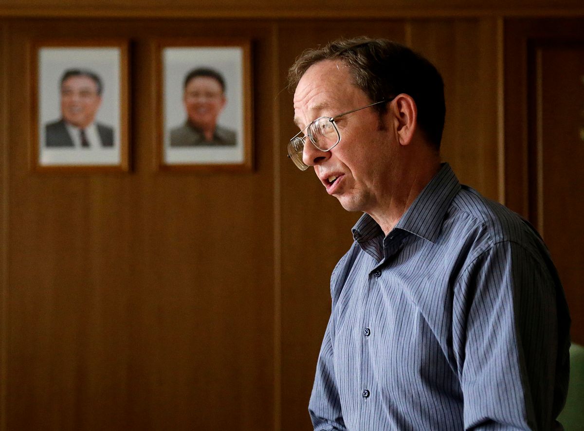 FILE - In this Sept. 1, 2014, file photo, Jeffrey Fowle, an American detained in North Korea speaks to the Associated Press in Pyongyang, North Korea. Fowle, one of three Americans being held in North Korea, has been released, the State Department said Tuesday, Oct. 21, 2014. State Department deputy spokeswoman Marie Harf said the U.S. is still trying to free Americans Matthew Miller and Kenneth Bae. (AP Photo/Wong Maye-E, File) (AP)