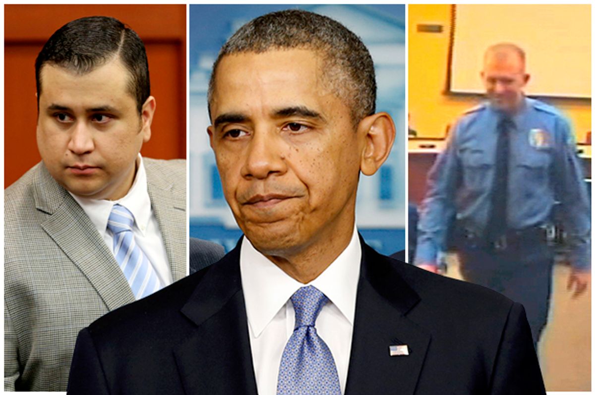 George Zimmerman, Barack Obama, Darren Wilson        (AP/Gary W. Green/Reuters/Kevin Lamarque)