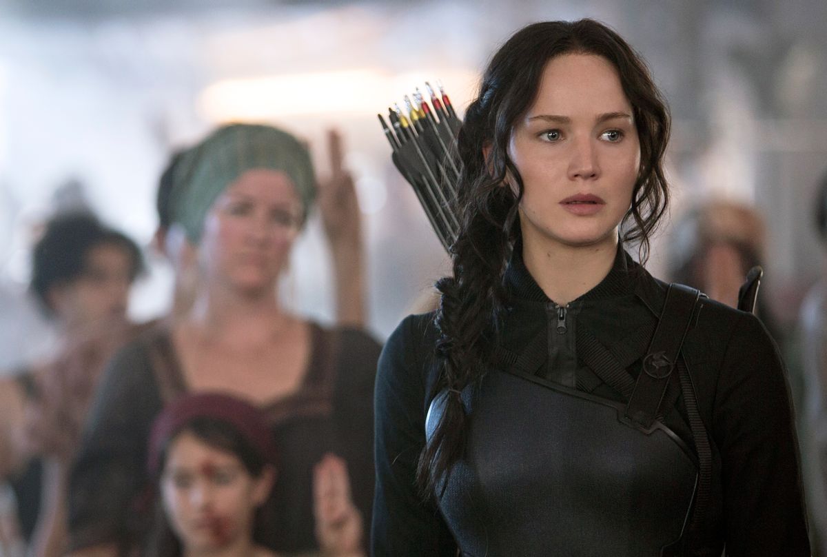 In this image released by Lionsgate, Jennifer Lawrence portrays Katniss Everdeen in a scene from "The Hunger Games: Mockingjay Part 1." (AP Photo/Lionsgate, Murray Close) (AP)