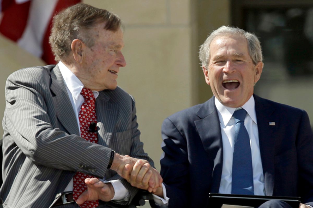George H.W. Bush and George W. Bush during the dedication of the George W. Bush Presidential Center, April 25, 2013, in Dallas.           (AP/David J. Phillip)