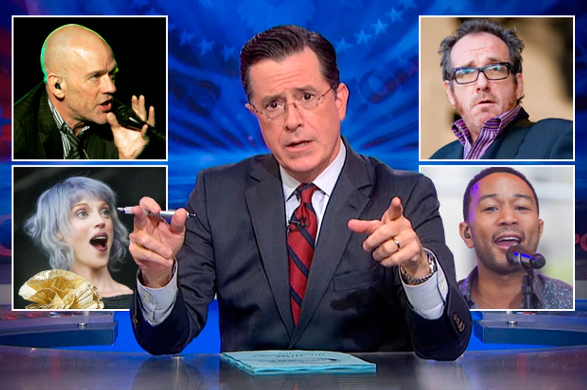 Stephen Colbert surrounded by (clockwise from top left): Michael Stipe, Elvis Costello, John Legend, St. Vincent    (Comedy Central/AP/Shutterstock/Salon)