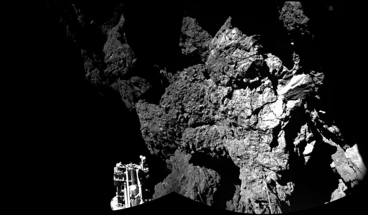 FILE- In this file photo dated Thursday Nov. 13, 2014, a combination photo produced with different images taken with the CIVA camera system released by the European Space Agency ESA, shows Rosettas lander Philae after landing safely on the surface of Comet 67P/Churyumov-Gerasimenko,  as these first  CIVA images confirm. One of the landers three feet can be seen in the foreground. Philae became the first spacecraft to land on a comet when it touched down Wednesday on the comet, 67P/Churyumov-Gerasimenko. (AP Photo/Esa/Rosetta/Philae, FILE) (AP)