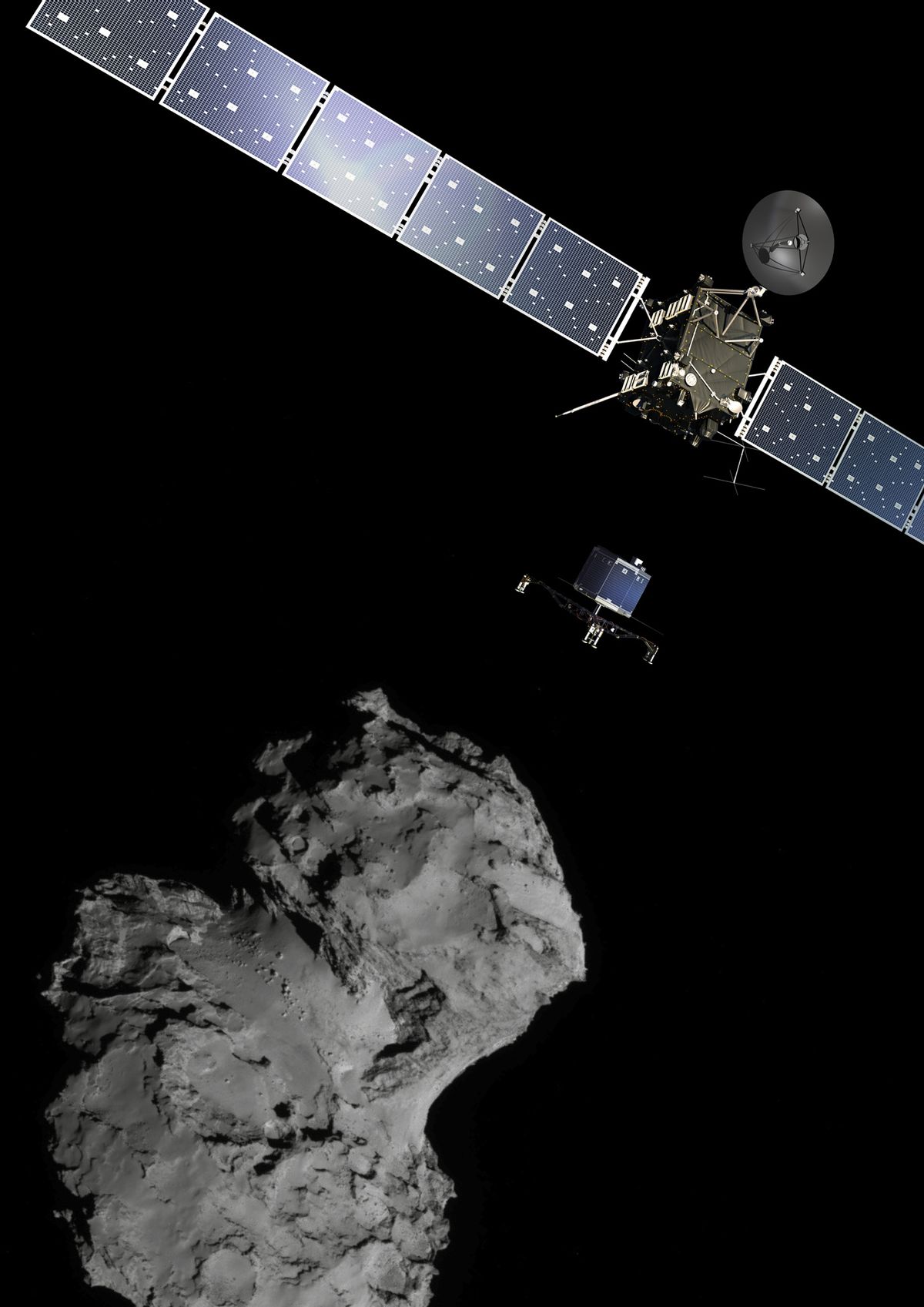 The picture released by the European Space Agency ESA shows the Rosetta mission poster which is a combination of various images to illustrate the deployment of the Philae lander to comet 67P/ChuryumovGerasimenko. from the Rosetta spacecraft.  The image of the comet was taken with the navigation camera on Rosetta. On Wednesday, Nov. 12,  2014 the Philae lander landed on the comet.   (AP Photo/ESA)