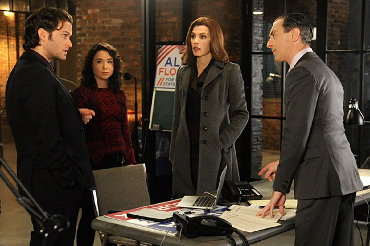 Steven Pasquale, Sarah Steele, Julianna Margulies and Alan Cumming in "The Good Wife"      (CBS/Jeffery Neira)