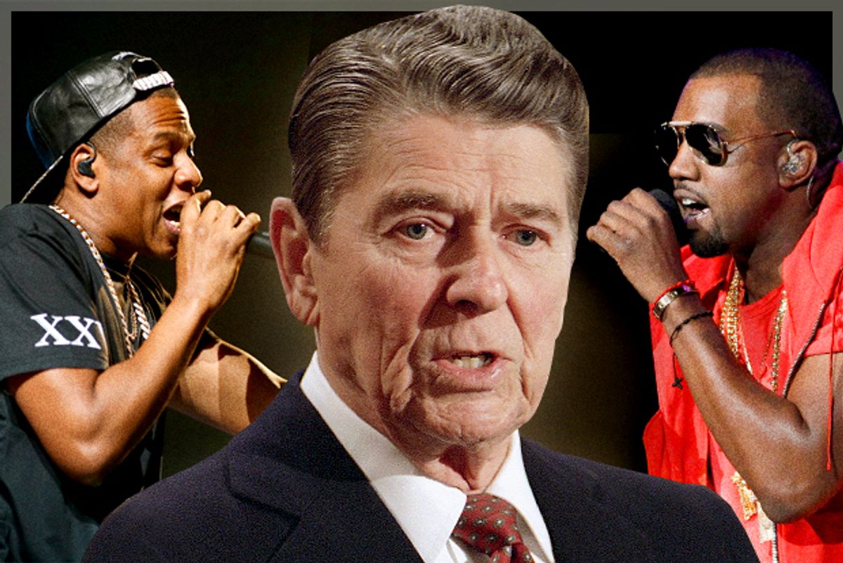 Jay-Z, Ronald Reagan, Kanye West                 (AP/Reuters/Benoit Tessier/Danny Moloshok/Photo montage by Salon)