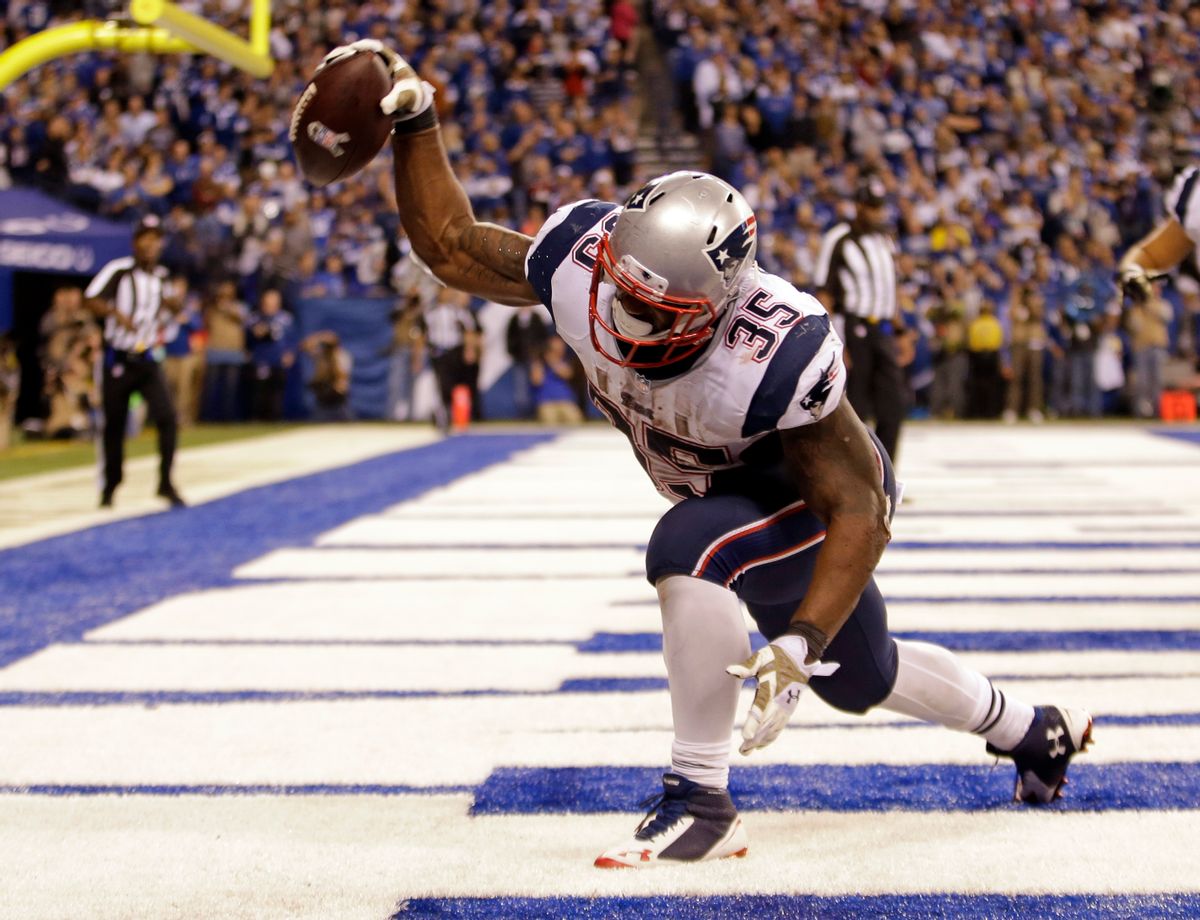New England Patriots running back Jonas Gray celebrates a touchdown against the Indianapolis Colts during the second half of an NFL football game in Indianapolis, Sunday, Nov. 16, 2014. (AP Photo/AJ Mast) (AP)