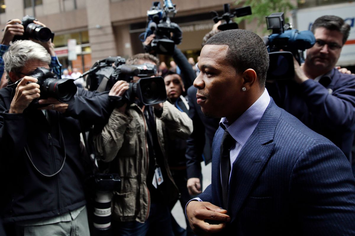 Ray Rice arrives for an appeal hearing of his indefinite suspension from the NFL, Wednesday, Nov. 5, 2014, in New York. (AP Photo/Seth Wenig)  (AP)