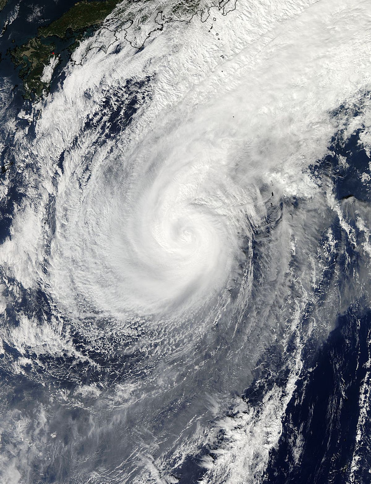 This Nov. 5, 2014 photo provided by NASA shows a picture captured by NASA's Aqua satellite of Typhoon Nuri. Weather forecasters say an explosive storm, a remnant of Typhoon Nuri, surpassing the intensity of 2012's Superstorm Sandy is heading toward the northern Pacific Ocean and expected to pass Alaska's Aleutian Islands over the weekend.   (AP/NASA)