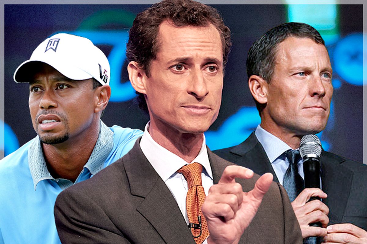 Tiger Woods, Anthony Weiner, Lance Armstrong     (Reuters/Aaron Josefczyk/AP/James Keivom/Elizabeth Kreutz/Photo montage by Salon)