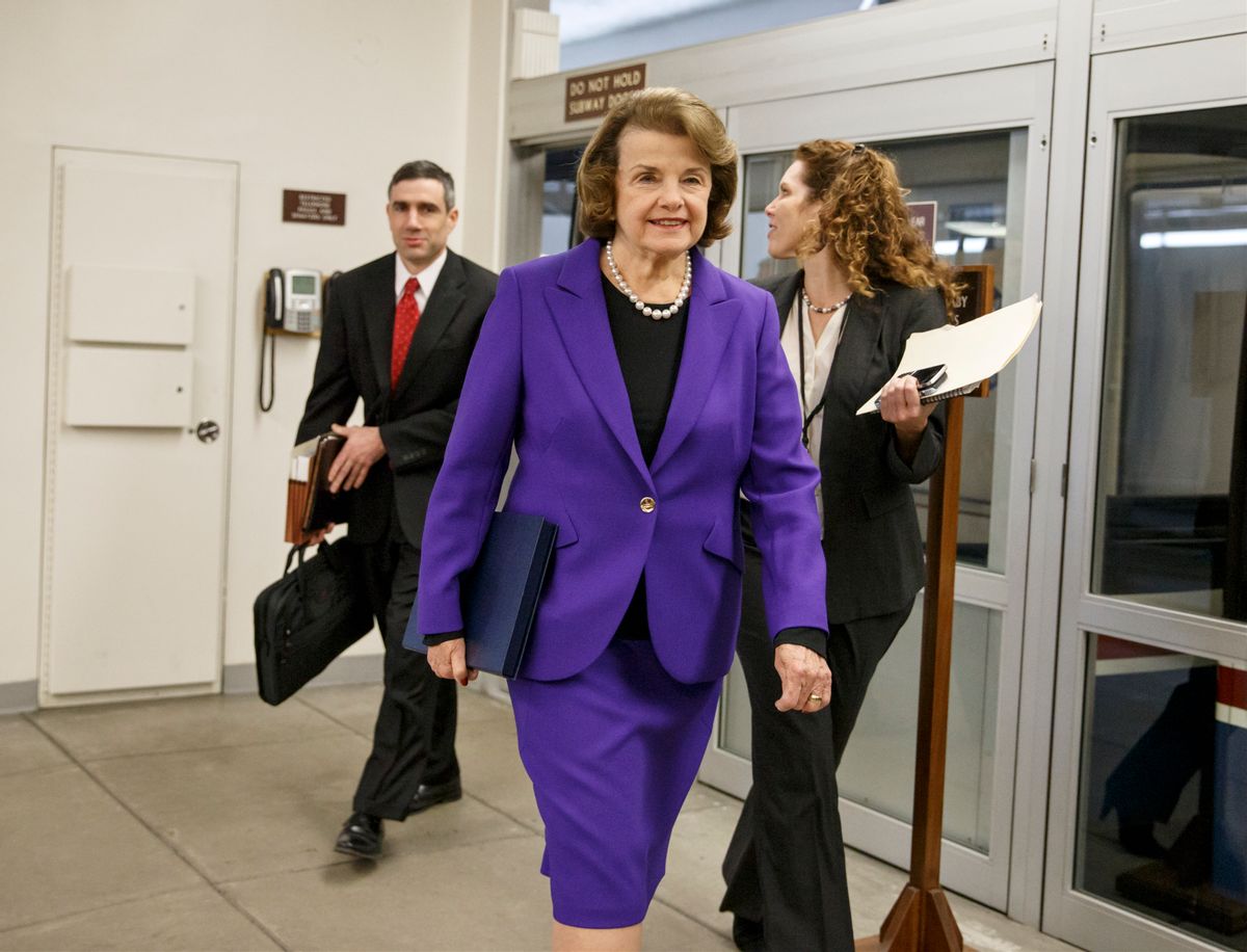 Senate Intelligence Committee Chair Sen. Dianne Feinstein, D-Calif. arrives to release a report on the CIA's harsh interrogation techniques at secret overseas facilities after the 9/11 terror attacks, Tuesday, Dec. 9, 2014, on Capitol Hill in Washington.  (AP Photo/J. Scott Applewhite) (AP)