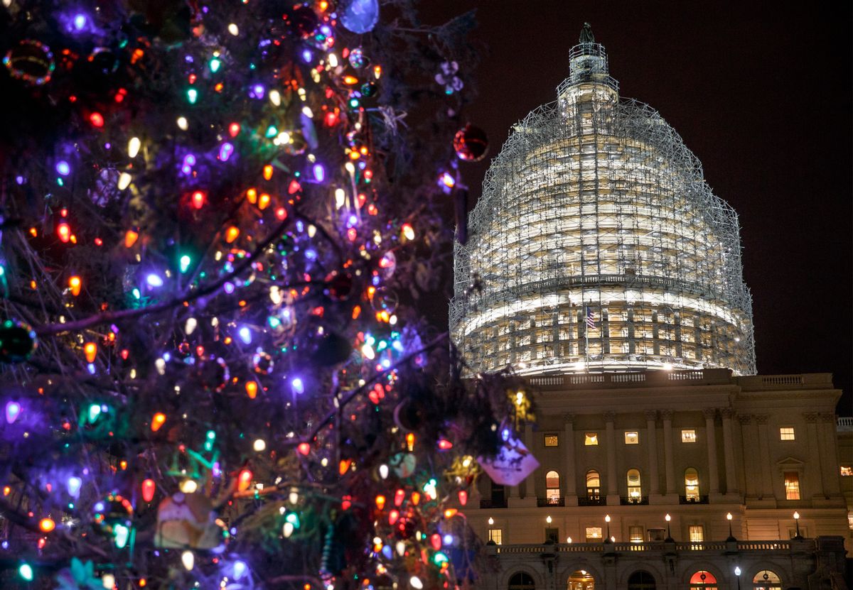 The Capitol Dome and the Capitol Christmas Tree are illuminated late Thursday evening as Congress works to pass a $1.1 trillion U.S. government-wide spending bill and avoid a government shutdown, in Washington, Thursday, Dec. 11, 2014. The Obama White House and House Republicans joined forces Thursday to pass the funding bill over clamorous protests from Democrats objecting that it would roll back bank regulations imposed in the wake of the economic near-meltdown of 2008. (AP Photo/J. Scott Applewhite) (AP)