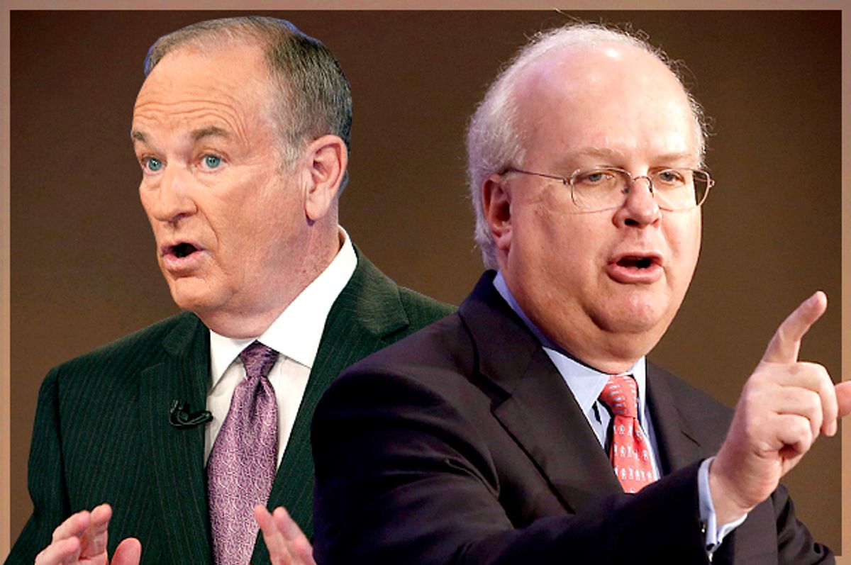 Bill O'Reilly, Karl Rove          (AP/Kathy Willens/Rich Pedroncelli/Photo montage by Salon)