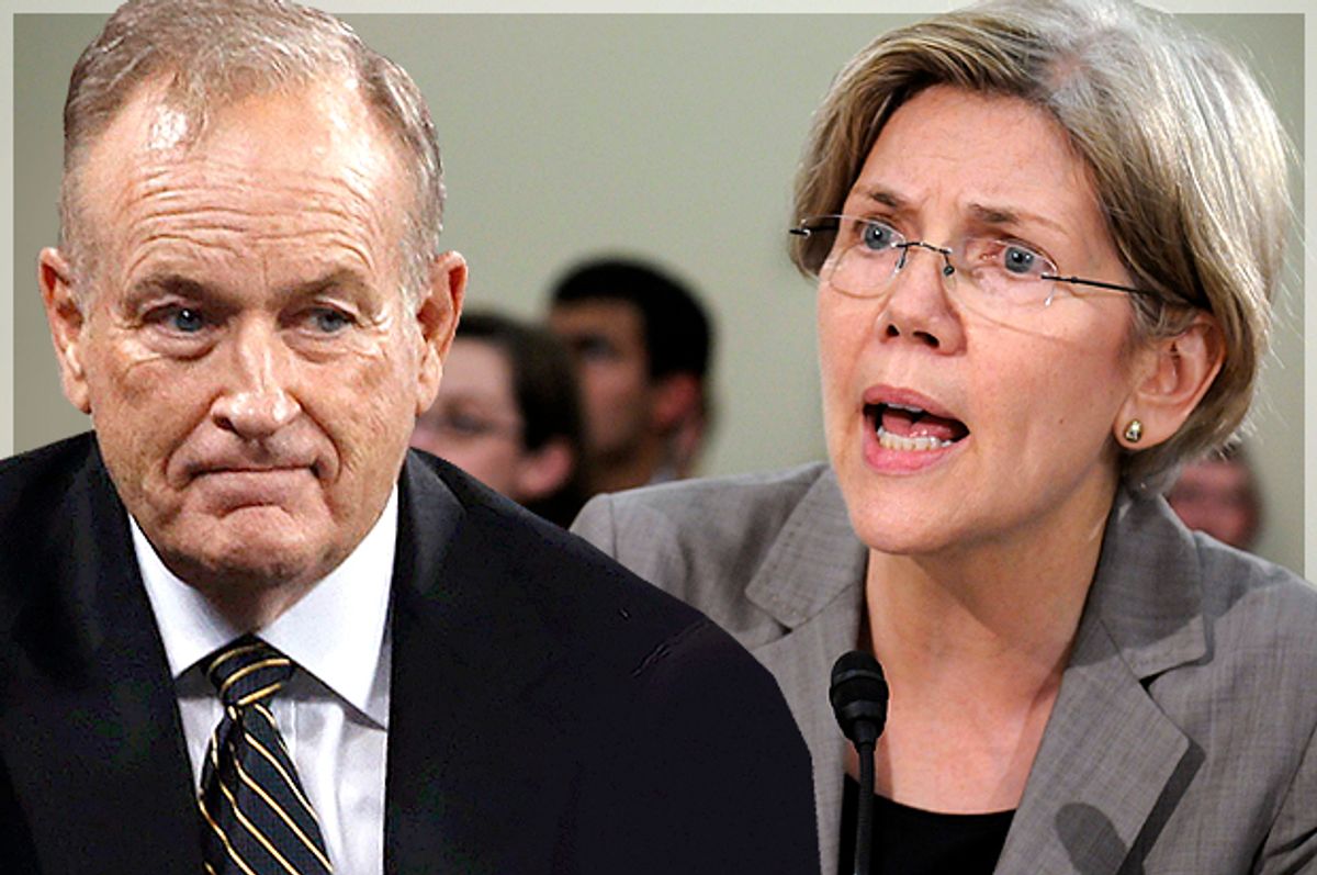 Bill O'Reilly, Elizabeth Warren            (Reuters/Mike Segar/Jonathan Ernst/Photo montage by Salon)