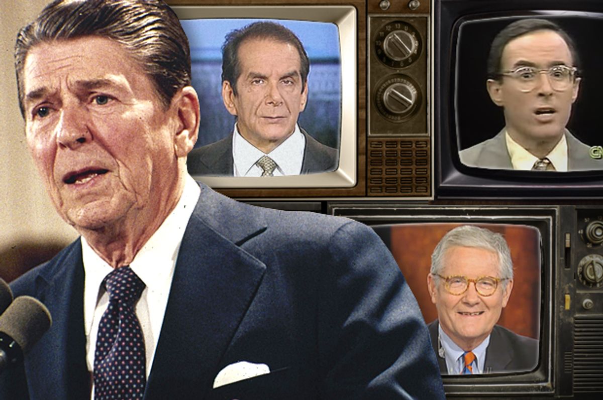 Ronald Reagan; Charles Krauthammer, Michael Kinsley, Fred Barnes                 (AP/Fox News/CNN/ photo montage by Salon)