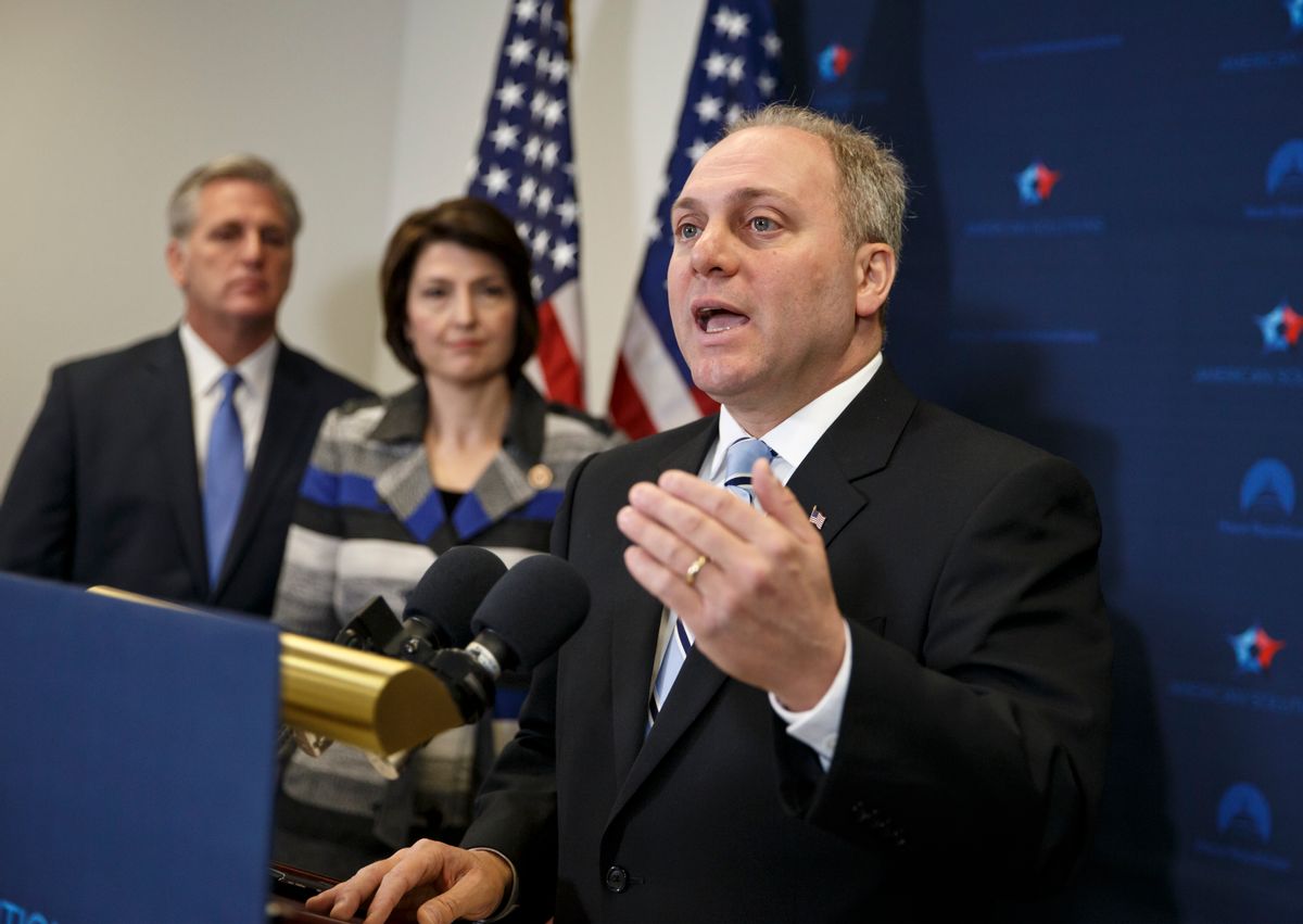 FILE - In this Nov. 18, 2014 file photo, House Majority Whip Steve Scalise of La., right, with House Majority Leader Kevin McCarthy of Calif., left, and Rep. Cathy McMorris Rodgers, R-Wash., speaks to reporters on Capitol Hill in Washington, following a House GOP caucus meeting. Scalise acknowledged that he once addressed a gathering of white supremacists. Scalise served in the Louisiana Legislature when he appeared at a 2002 convention of the European-American Unity and Rights Organization. Now he is the third-highest ranked House Republican in Washington. (AP Photo/J. Scott Applewhite, File) (AP)