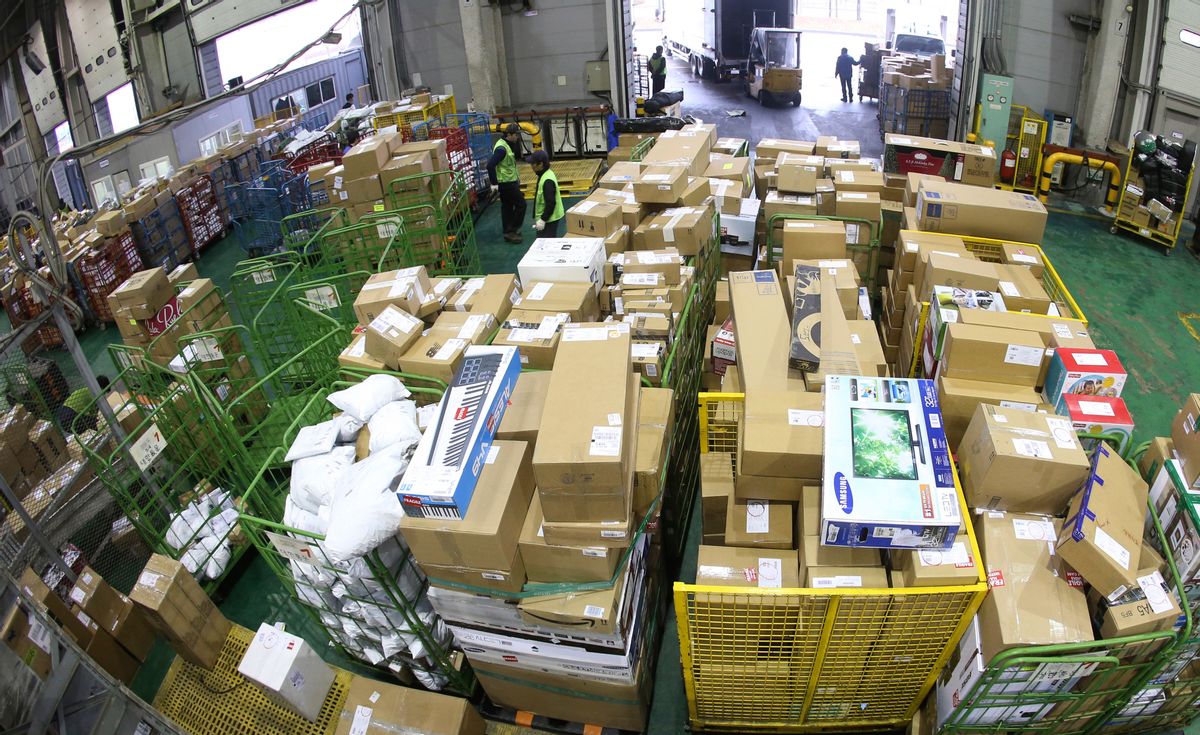 In this Nov.  28, 2014 photo, goods directly purchased from overseas online markets undergo customs inspections at Incheon International Airport Customs in Incheon, South Korea. (Kim Ju-sung)