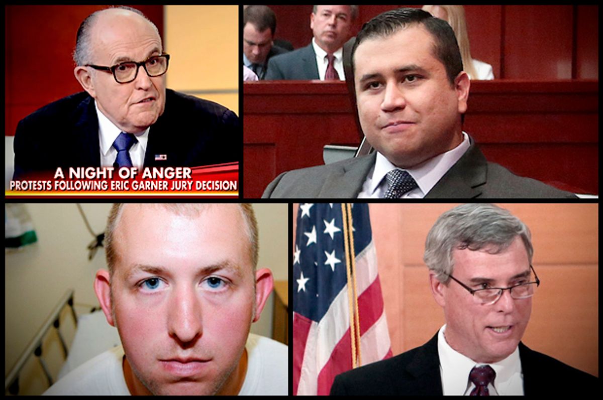 Clockwise from top left: Rudy Giuliani, George Zimmerman, Robert McCullogh, Darren Wilson      (Fox News/AP/Reuters)