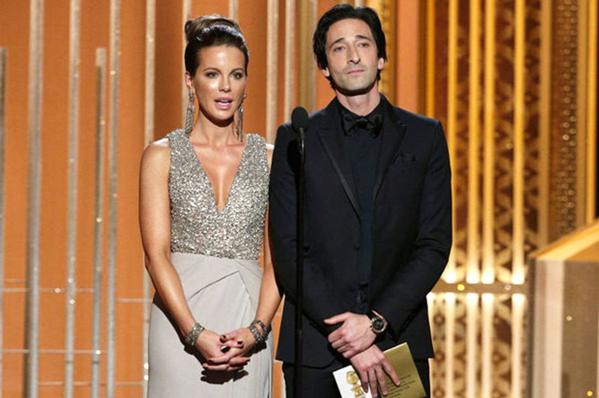 Kate Beckinsale and Adrien Brody at the 72nd Annual Golden Globe Awards, Jan. 11, 2015         (NBC/Paul Drinkwater)
