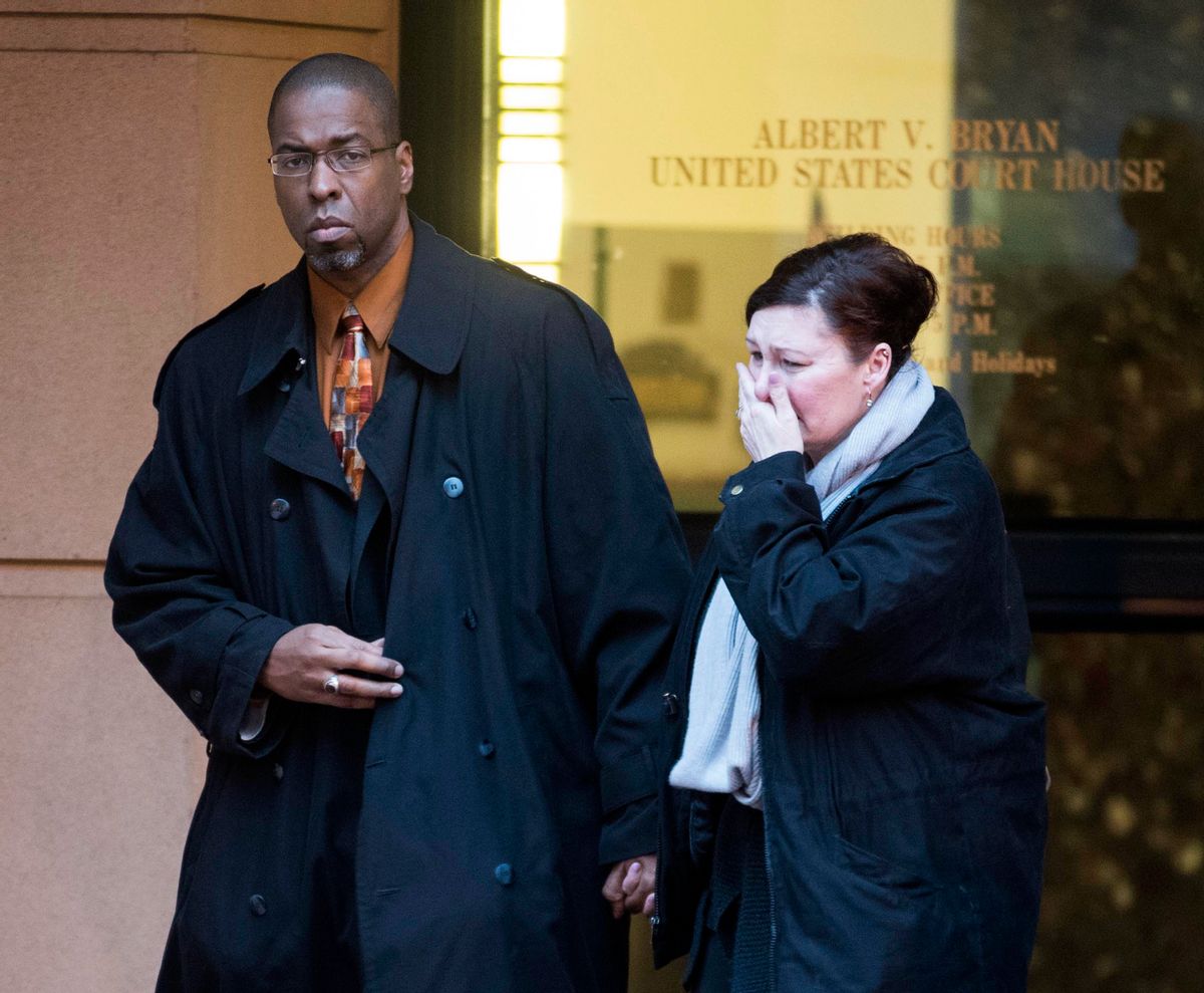 Former CIA officer Jeffrey Sterling leaves the Alexandria Federal Courthouse with his wife, Holly, after being convicted on all nine counts he faced of leaking classified details of an operation to thwart Iran's nuclear ambitions. (AP)
