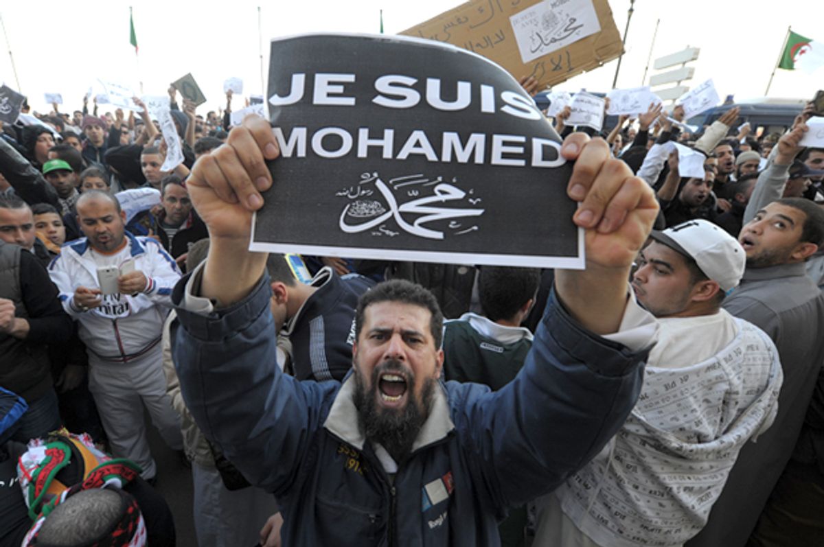 A demonstrator in Algiers, Algeria, Friday, Jan. 16, 2015.     (AP/Sidali Djarboub)