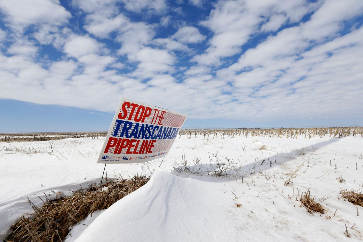 FILE - In this March 11, 2013 file photo is a sign reading "Stop the Transcanada Pipeline" placed in a field near Bradshaw, Neb. Even if the Republican-led Congress approves the Keystone XL pipeline, not a drop of oil will flow through the system until Nebraska signs off on its route. The routing process is still before the state Supreme Court, and depending on how justices rule, it could be months or longer before any construction in Nebraska begins. (AP Photo/Nati Harnik, File)    (AP)