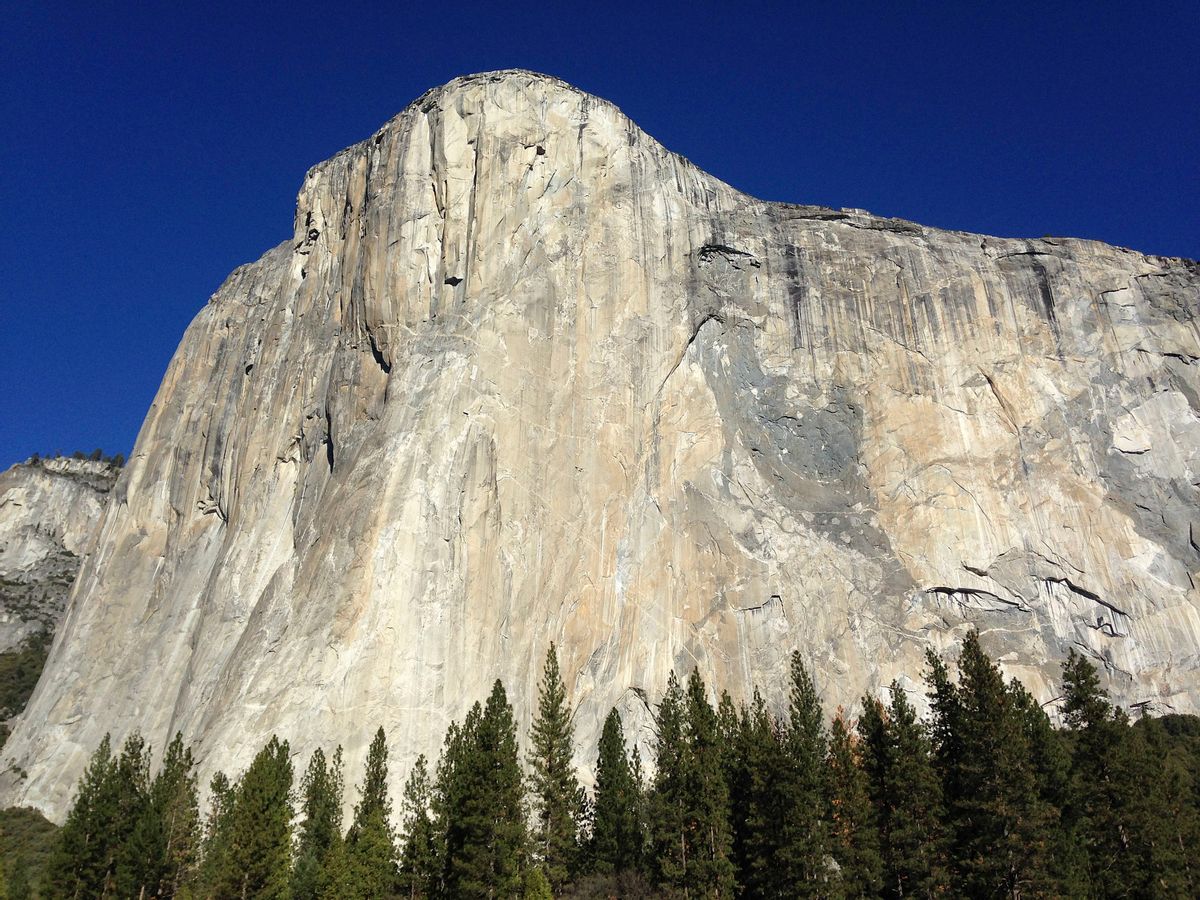 Shown is El Capitan where two climbers vying to become the first in the world to use only their hands and feet to scale a sheer slab of granite make their way to the summit Wednesday, Jan. 14, 2015, in Yosemite National Park, Calif. The pair are closing in on the top of the 3,000-foot (900-meter) peak and if all goes as planned, 30-year-old Kevin Jorgeson of California and 36-year-old Tommy Caldwell of Colorado, should complete their climb early Wednesday afternoon. (AP Photo/Ben Margot) (AP)