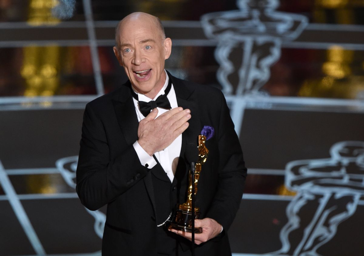 J.K. Simmons accepts the award for best actor in a supporting role for Whiplash at the Oscars on Sunday, Feb. 22, 2015, at the Dolby Theatre in Los Angeles. (Photo by John Shearer/Invision/AP) (John Shearer/invision/ap)