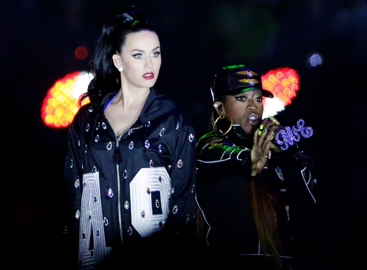 Singers Katy Perry, left and Missy Elliott perform during halftime of NFL Super Bowl XLIX.      (AP/David J. Phillip)