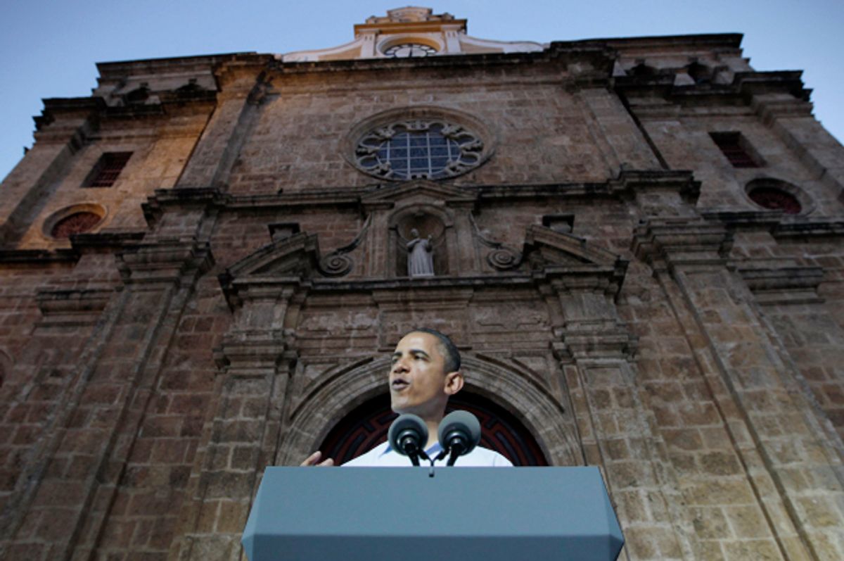 Barack Obama, speaking in front of the San Pedro Claver church in Cartagena, Colombia, April 15, 2012.          (AP/Carolyn Kaster/Photo montage by Salon)