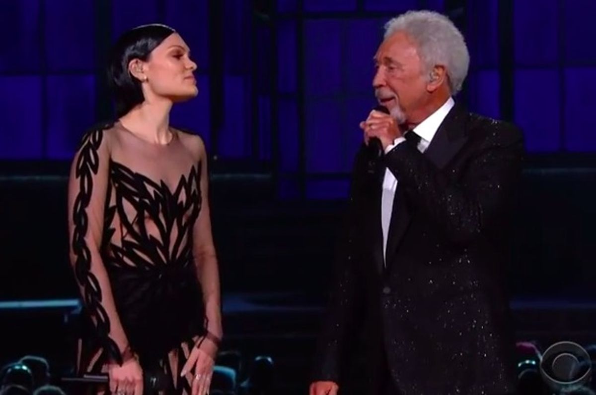  Jessie J and Tom Jones perform at the 2015 Grammy Awards.      (CBS)