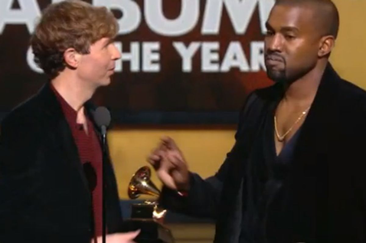  Kanye West storms the stage briefly and silently as Beck accepted the Grammy for Album of the Year.            (CBS)